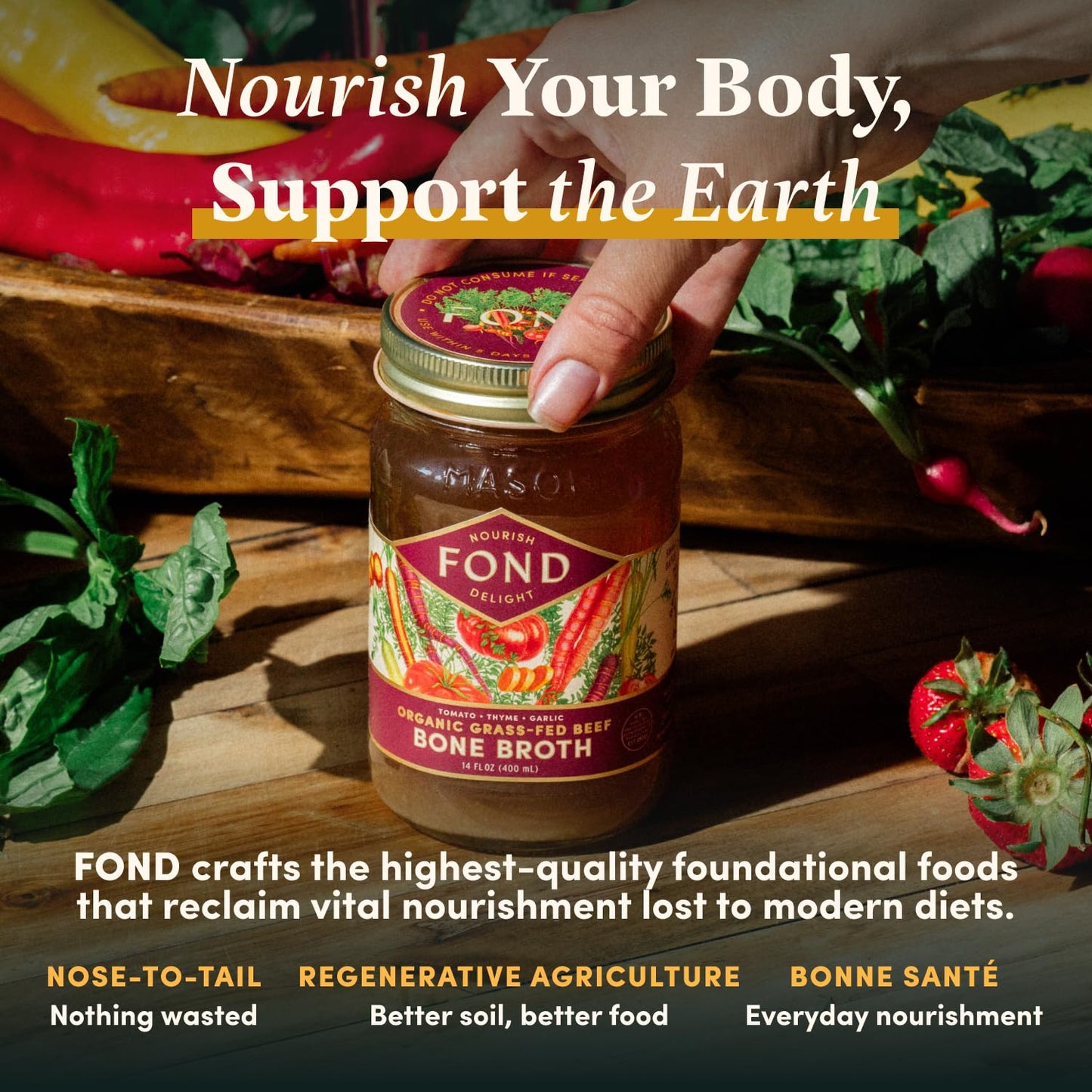 Fond Regenerative Grass Fed Beef Bone Broth Infused With Organic Tomato & Thyme – Slow-Simmered Beef Broth For Rich And Nourishing Flavor, Nutrient-Dense, Artisan Quality – 14 Oz (8-Pack)
