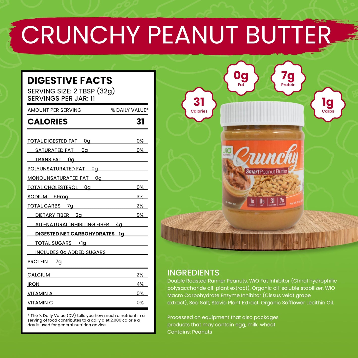 WiO SmartFoods Peanut Butter, 24-Oz, Healthy Crunchy, Low-Carb, Fat-Free, Keto-Friendly, Spread, Perfect for Toast, Sandwiches,