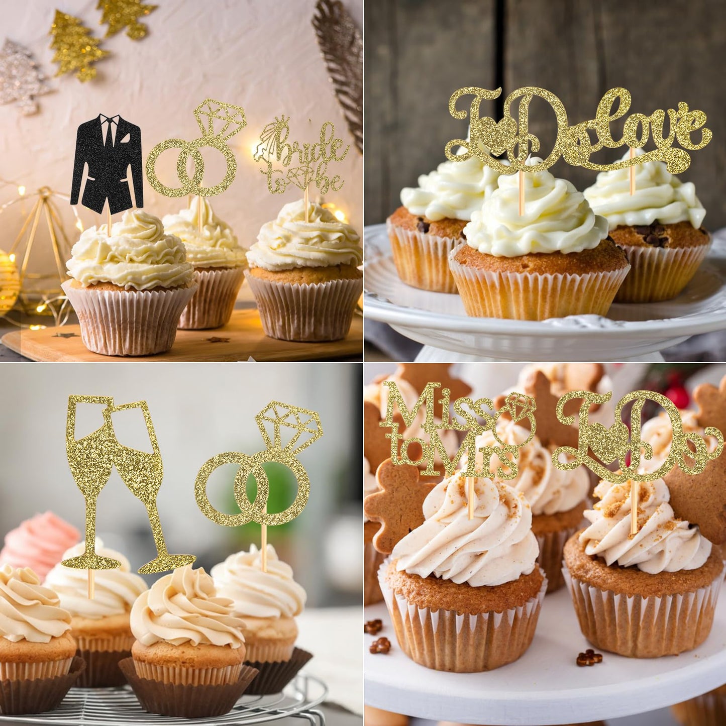 60 Pcs Bride To Be Cupcake Toppers,Glitter Wedding Cupcake Toppers I Do Love Heart Ring Cupcake Picks For Bridal Shower Wedding
