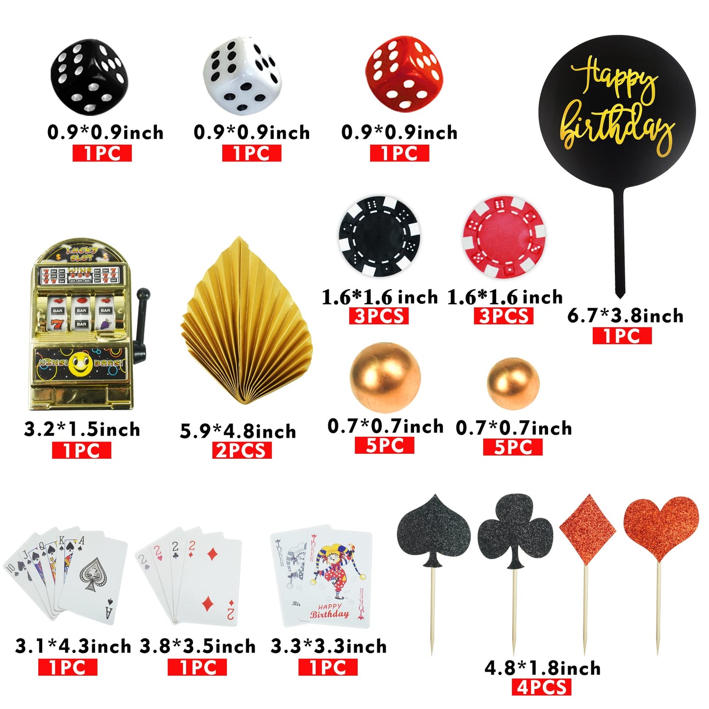 DRWATE  card-style Cake Toppers - 30 PCS Gold  card-style Chips & Mini Slot Machine - 1.9 x 1.1 for Birthday Party Decorations