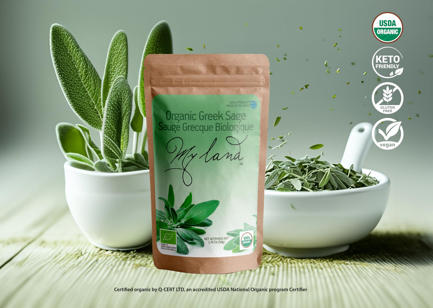 My Land Organic Sage Tea, Loose Leaf, 1.76oz (50g), Dried Sage Leaves from Mt. Olympus, Greece, High Altitude Harvest from a Sma