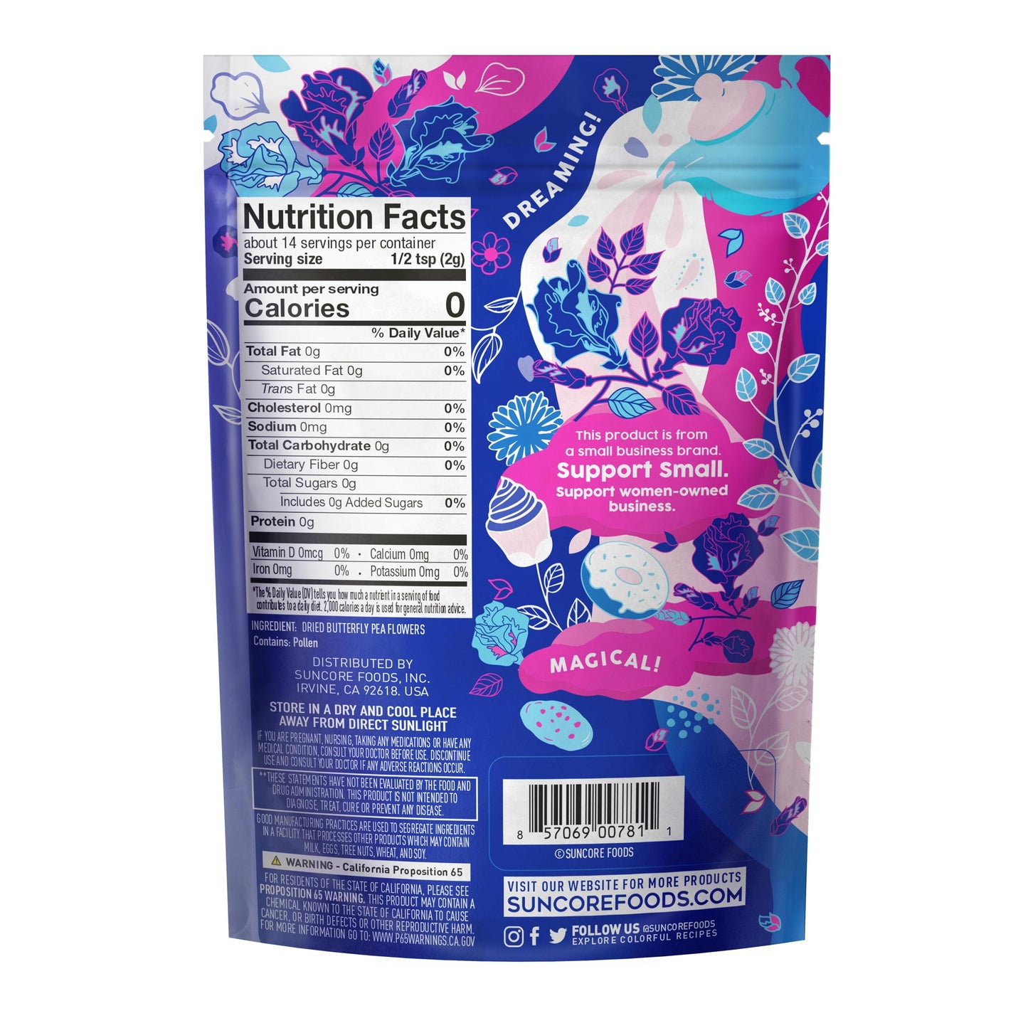 Suncore Foods Dried Butterfly Pea Flowers Tea, Caffeine-Free, Gluten-Free, Non-GMO, 1oz, Purple/Blue/Pink