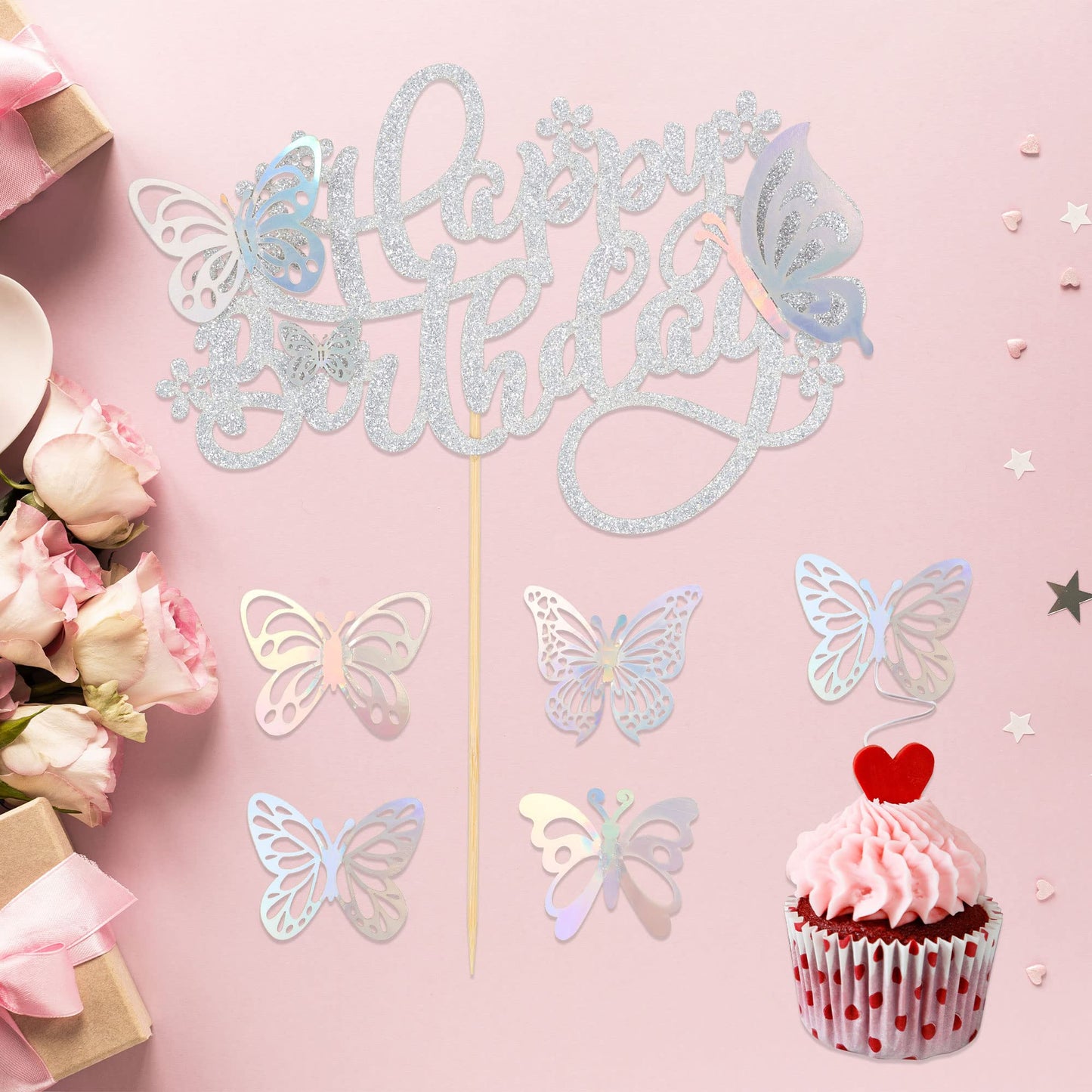 25Pcs Butterfly Cake Topper Glitter 3D Butterfly Cupcake Toppers With Happy Birthday Cake Topper For Wedding Anniversary Baby Sh