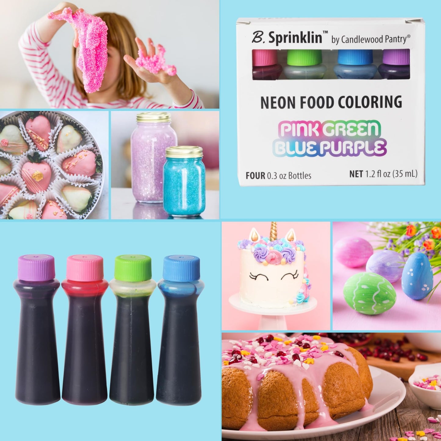 Candlewood Pantry B. Sprinklin Neon Liquid Food Coloring Kit Set Of 4-0.3 Fl Oz - Pink, Green, Purple, Blue - Vibrant Food Dye F