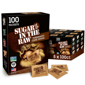 Sugar In The Raw Turbinado Cane Sugar Packets, 100 Ct Box, 8 Pack, Pure, All-Natural Turbinado Sugar, Non-Gmo Project Verified, 