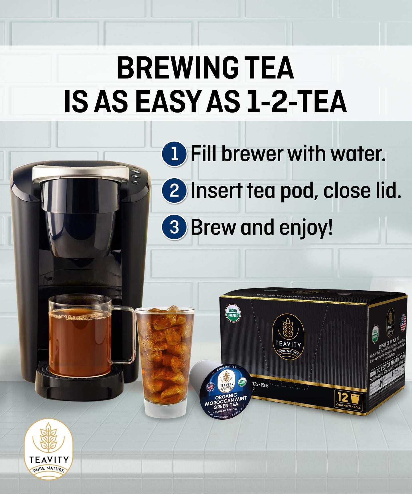 Organic Moroccan Mint Tea And Green Tea Pods For Keurig - Caffeinated Unsweet Tea For K Cup Brewing By Teavity (12 Tea Pods)