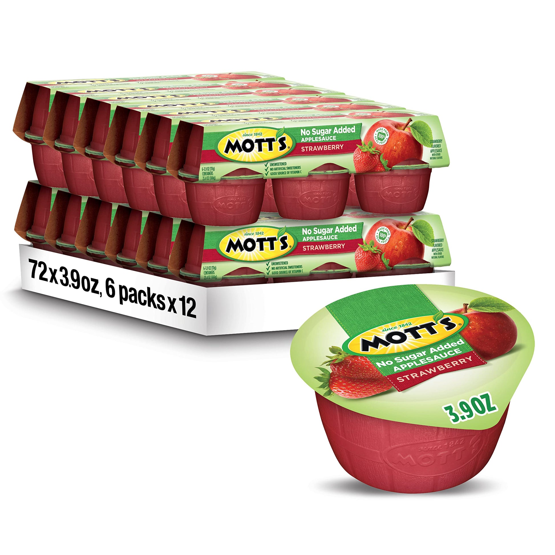 Mott'S No Sugar Added Strawberry Applesauce, 3.9 Oz Cups, 72 Count (12 Packs Of 6), Good Source Of Vitamin C, No Artificial Flav