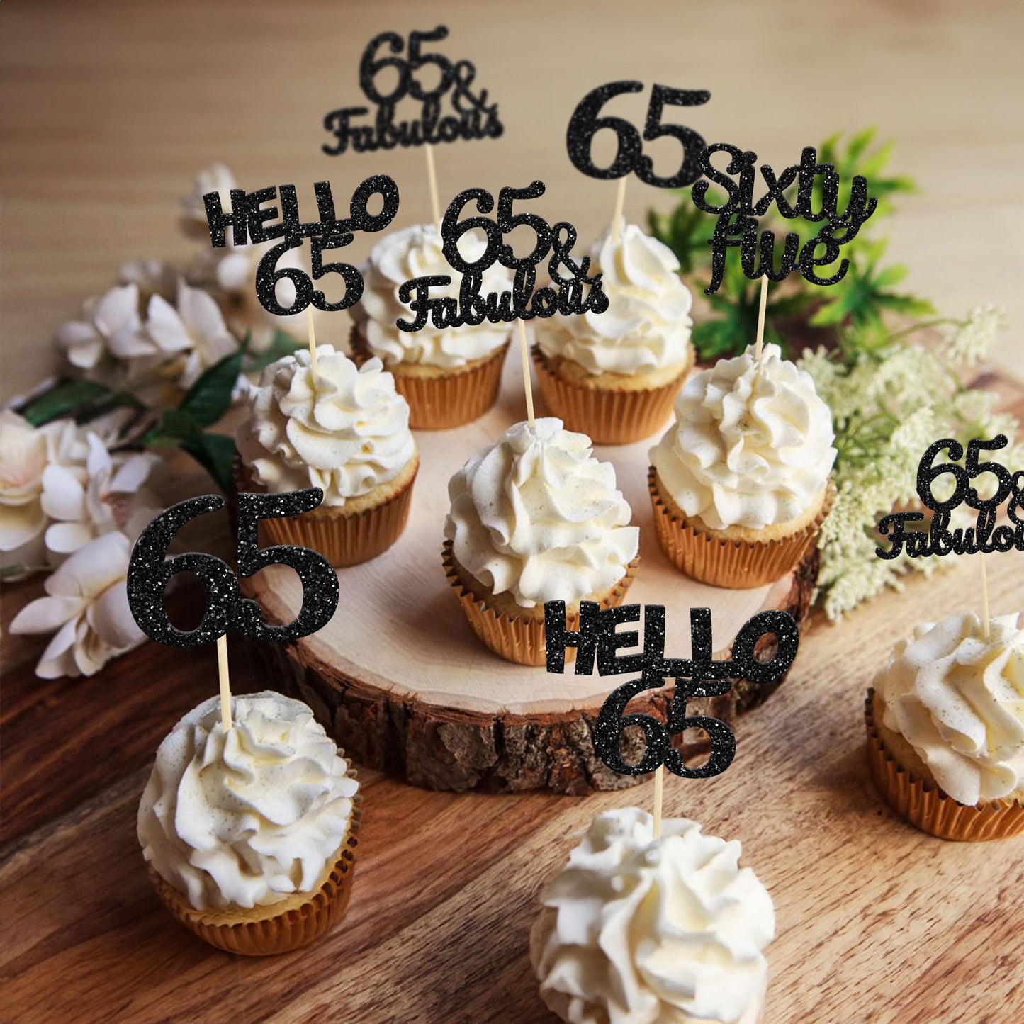 Gyufise 24Pcs Black Glitter 65Th Birthday Cupcake Toppers Hello 65 Sixty Five Cake Toppers 65 & Fabulous Cupcake Picks For 65Th