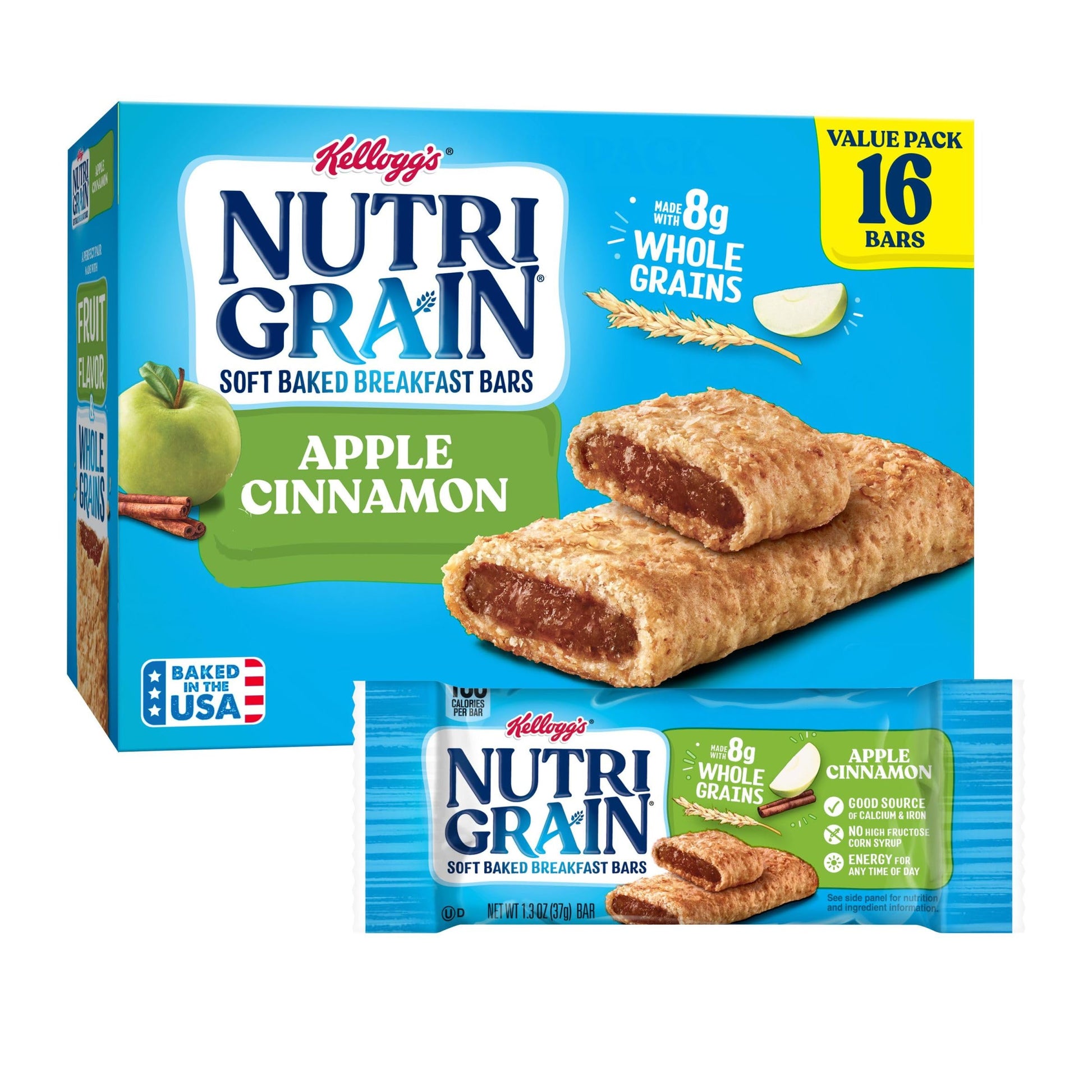Nutri-Grain Soft Baked Breakfast Bars, Kids Snacks, Whole Grain, Value Pack, Apple Cinnamon, 20.8Oz Box (16 Bars)