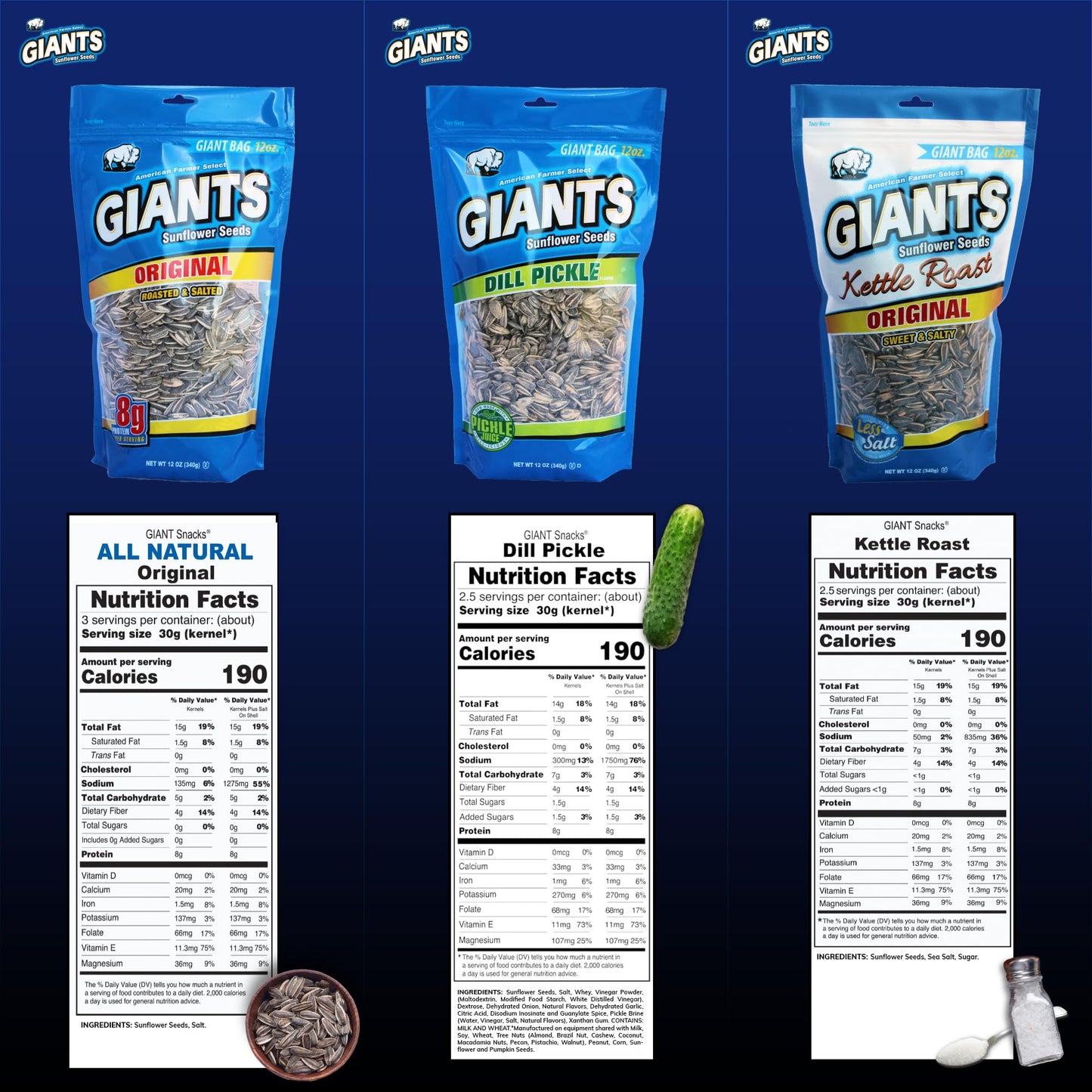 Giants Sunflower Seeds Variety Pack - Flavored Sunflower Seeds To Eat, Dill Pickle Sunflower Seeds, Kettle Roasted, Original Fla