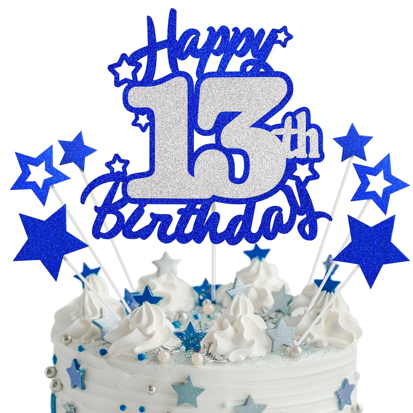 Happy 13th Birthday Cake Topper, Blue and Silver Glitter Cake Toppers, 13 Year Birthday Party Cake Decoration