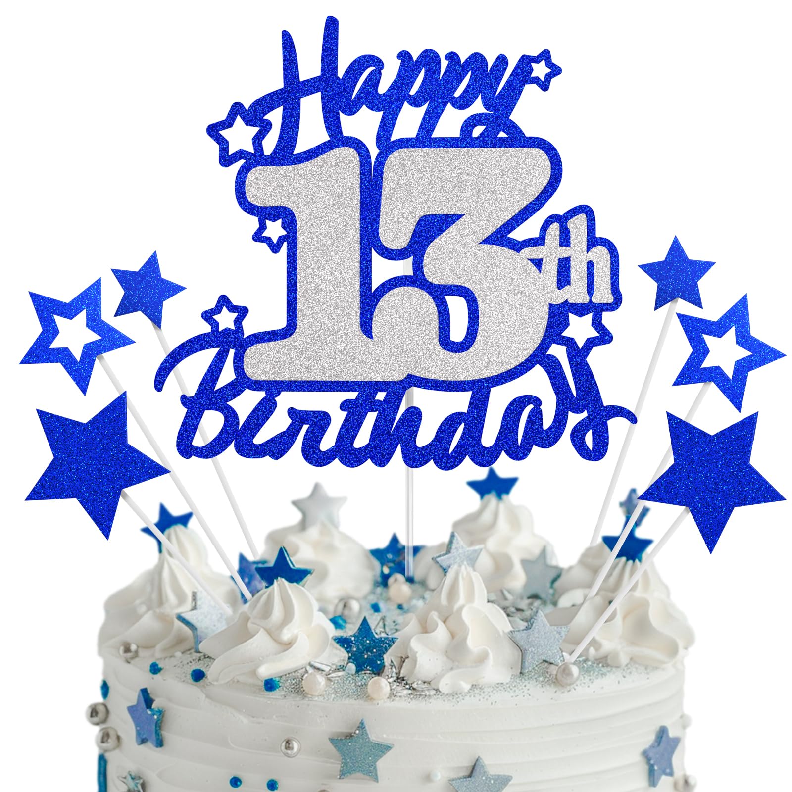 Happy 13th Birthday Cake Topper, Blue and Silver Glitter Cake Toppers, 13 Year Birthday Party Cake Decoration