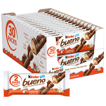 Kinder Bueno, Bulk 30 Pack, Milk Chocolate And Hazelnut Cream, Stocking Stuffers, 2 Individually Wrapped Chocolate Bars Per Pack, 1.5 Oz Each
