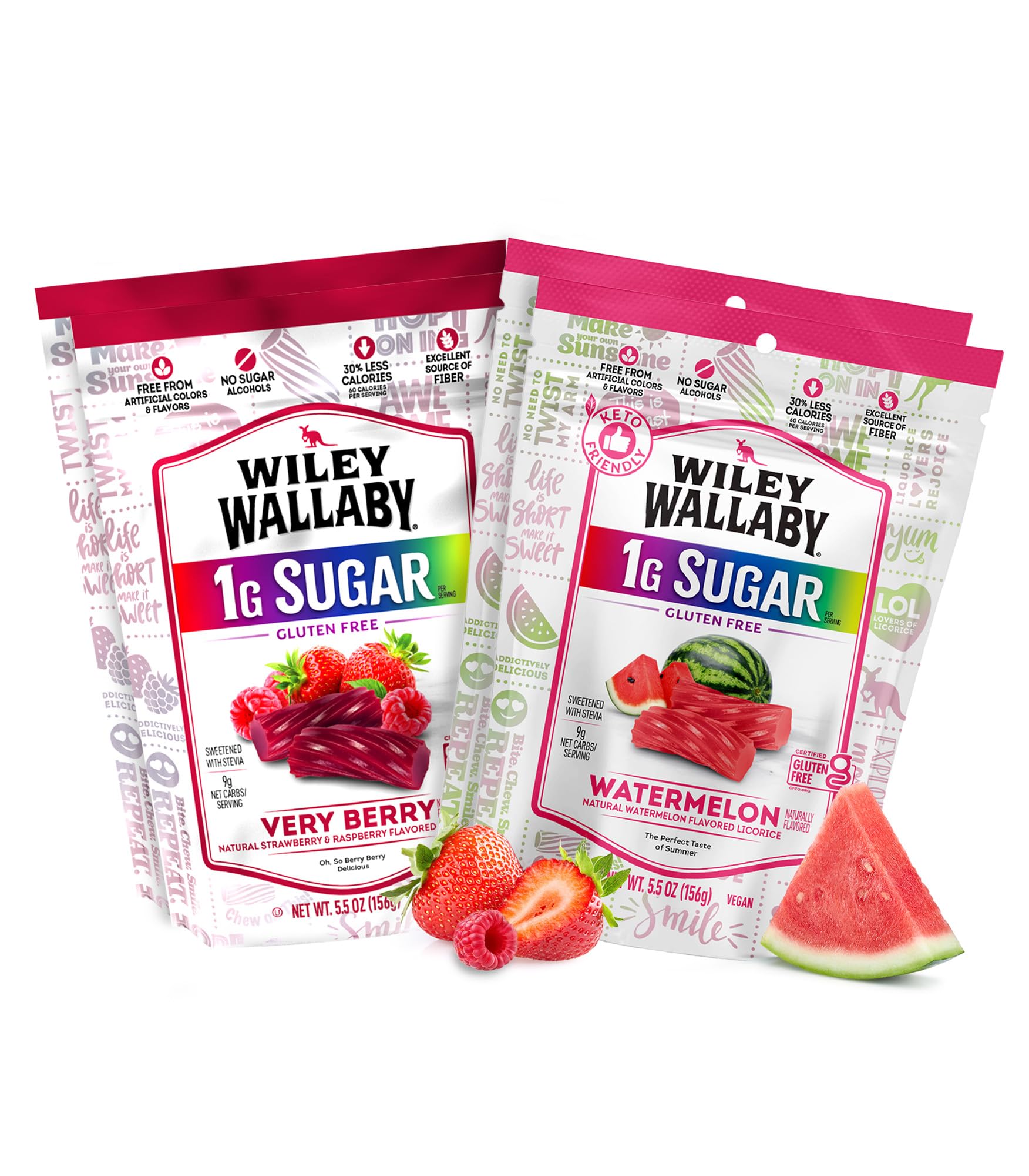Wiley Wallaby Low Sugar Gluten Free Licorice | Soft Chewy Licorice | Watermelon and Very Berry Flavors | 5.5 Ounce | 4 Pack