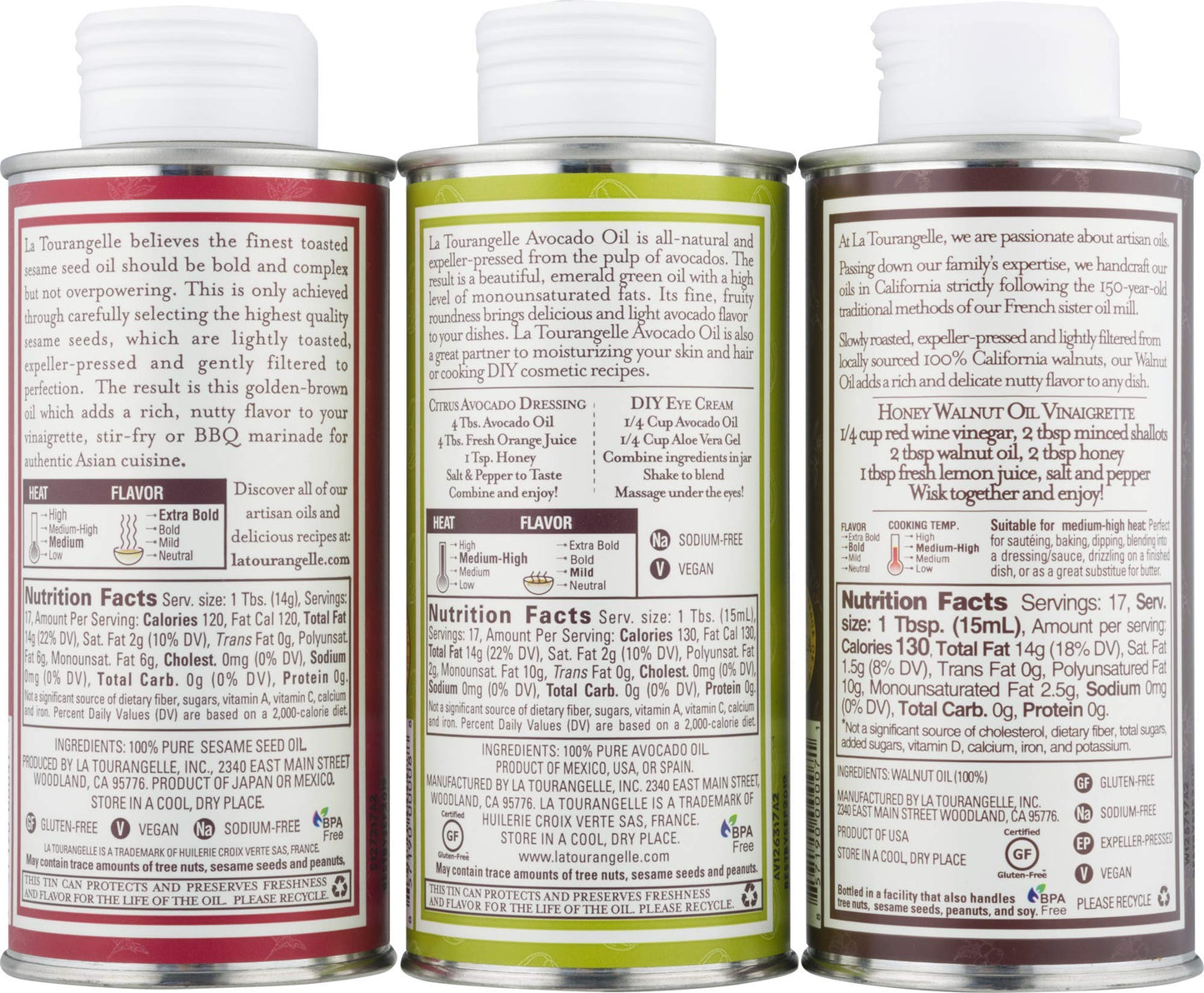 La Tourangelle, Favorites Trio Of Oils - Roasted Walnut Oil, Avocado Oil, Toasted Sesame Oil, Gift Set, 8.45 Fl Oz (Set Of 3)