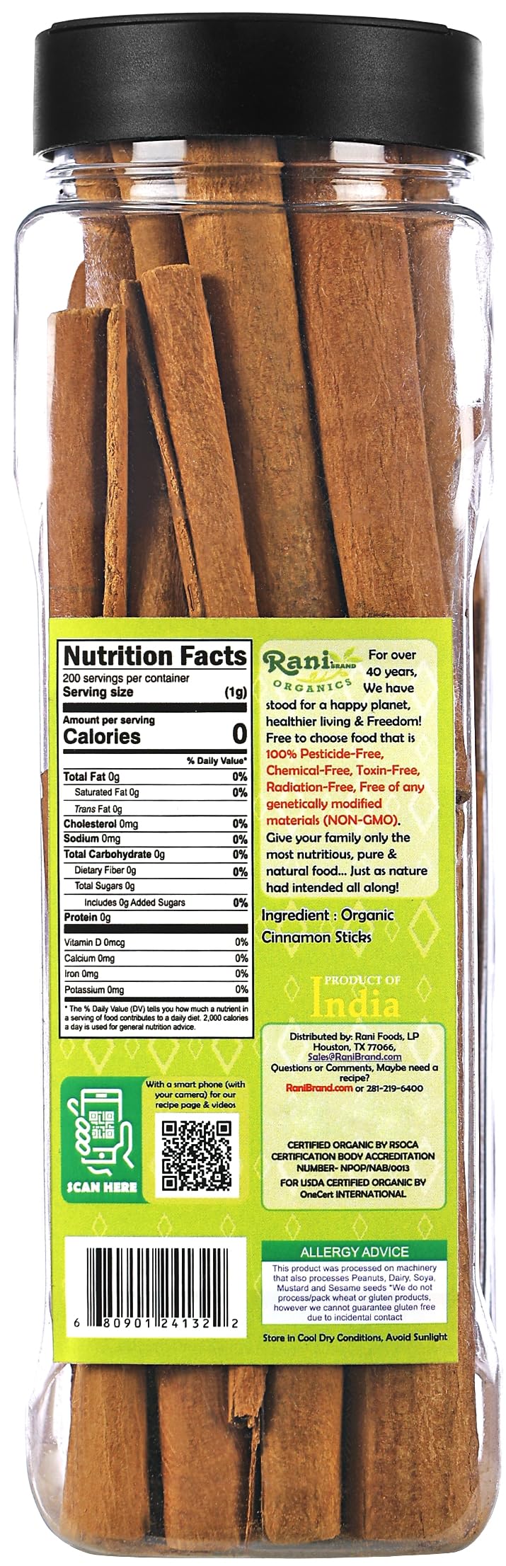 Rani Organic Cinnamon Sticks 7Oz (200G) Pet Jar - 36-44 Sticks - Strong Aroma, Perfect For Baking, Cooking & Beverages | 3+ Inches Length - Cassia Saigon Cinnamon From Vietnam | Kosher