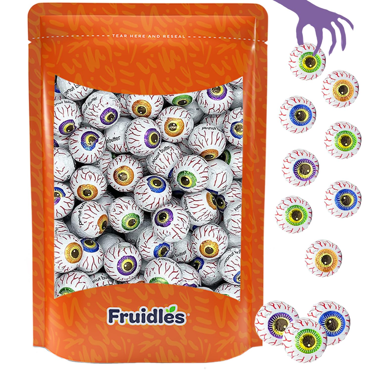 Halloween Peanut Butter Spooky Eye Balls, Trick-Or-Treat Party Bag Fillers, Individually Wrapped in Multi-color Eye Design Foils