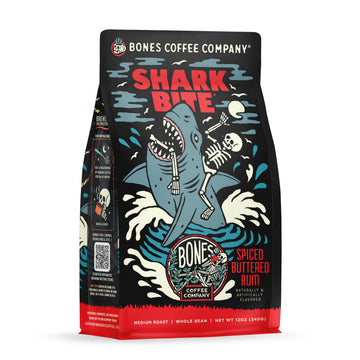 Bones Coffee Company Shark Bite, Buttered Rum Flavored Coffee, Medium Roast Low Acid Arabica Beans Compatible With Auto Drip And French Press Coffee Maker, 12 Oz Whole Bean