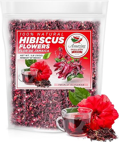 Hibiscus Flowers 2lb (32oz) - All Natural, Triple Cleaned - Whole Soft Petals by Amazing Chiles & Spices for Tea & Agua Fresca