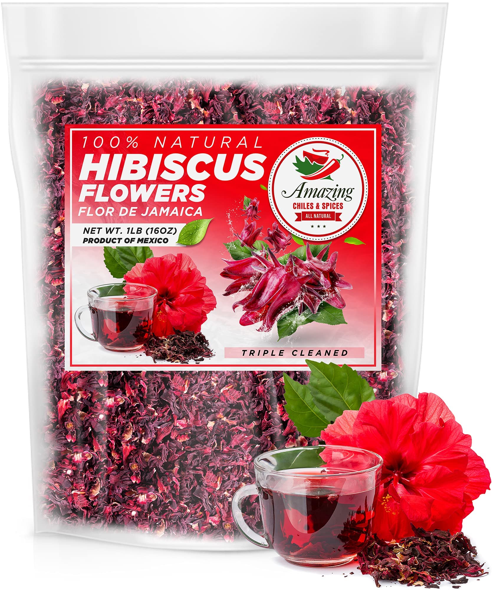 Hibiscus Flowers 2Lb (32Oz) - All Natural, Triple Cleaned - Whole Soft Flowers And Petals - Flor De Jamaica. Great For Hot Or Ic