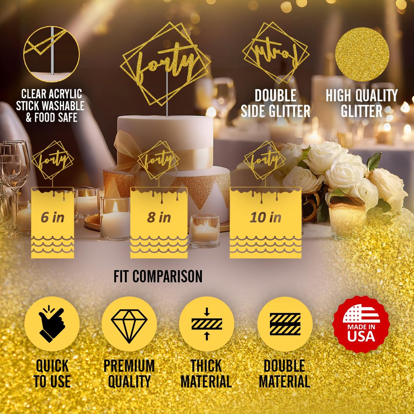 Forty Cake Topper Gold Glitter, Modern Design 40 Birthday, Days, Months, Anniversary Party Decoration Ideas, Premium Quality, St