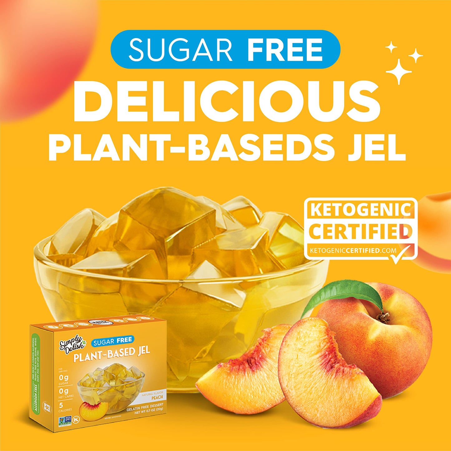 Simply Delish Plant Based Natural Peach Jel Dessert - 6 Pack - Zero Sugar, 0g Net Carbs, Gluten Free, Vegan, Diabetic & Allergen