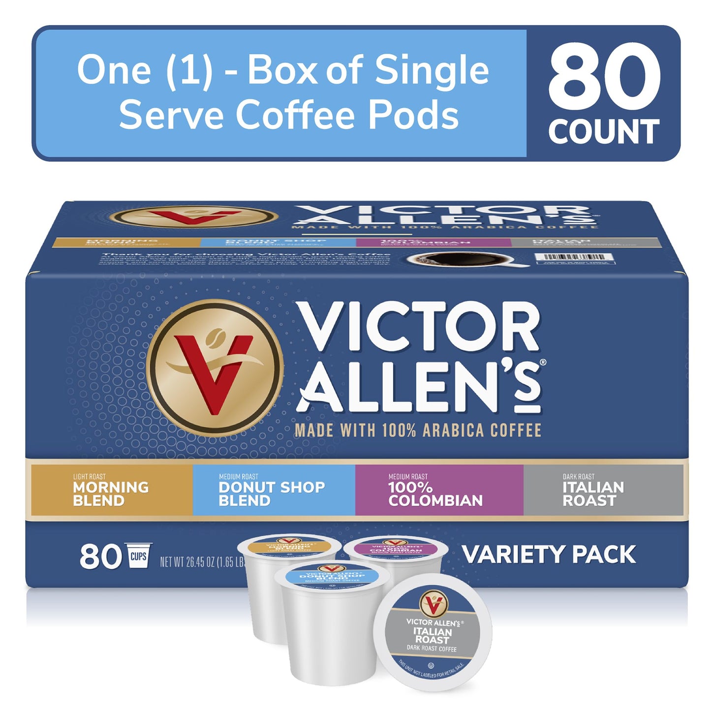 Victor Allens Coffee Variety Pack - 80 Count Single Serve Pods for Keurig - Morning Blend, 100% Colombian, Donut Shop, Italian Roast