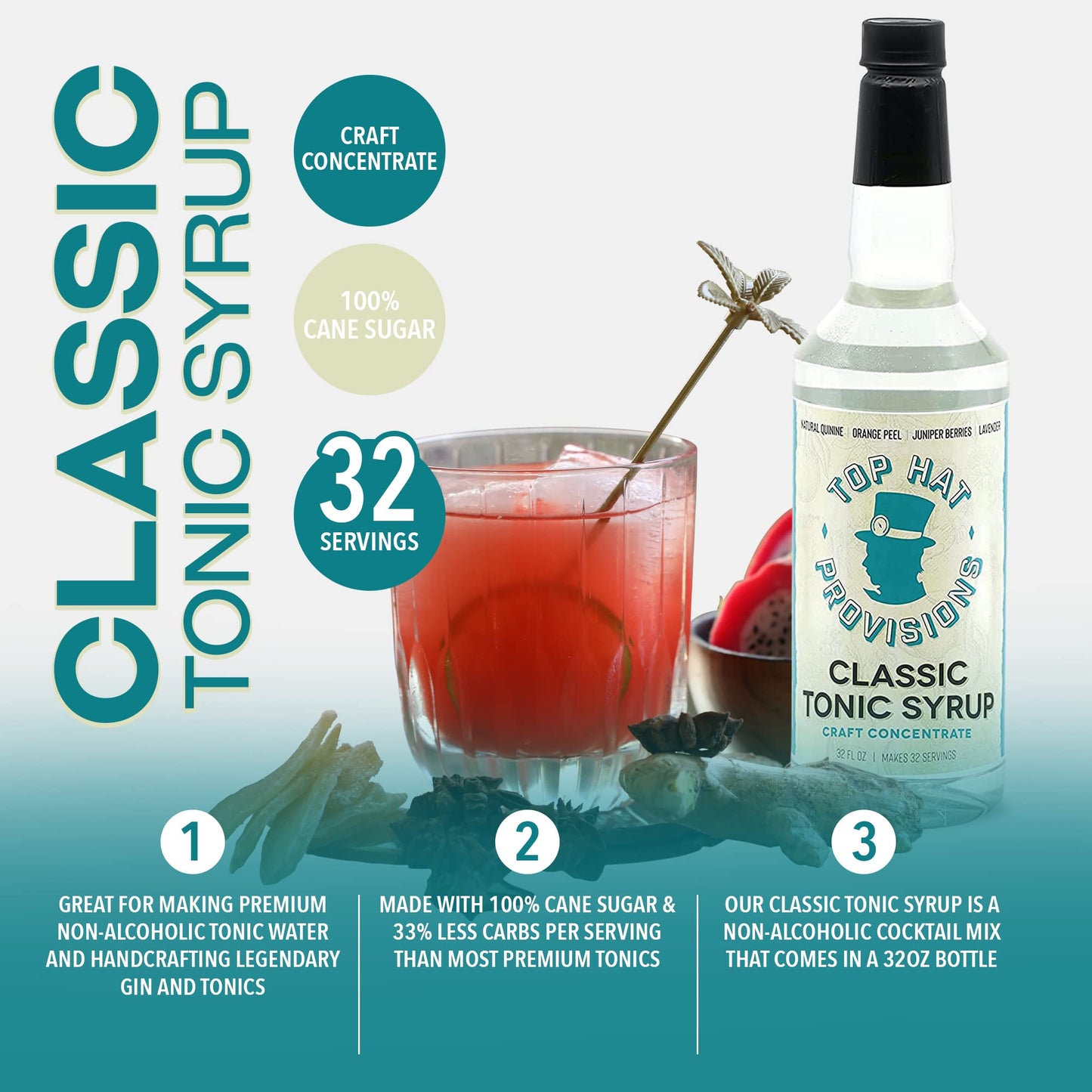 Top Hat Provisions Classic Tonic Syrup - 32oz Bottle - Natural Quinine Concentrate - Make Tonic Water at Home