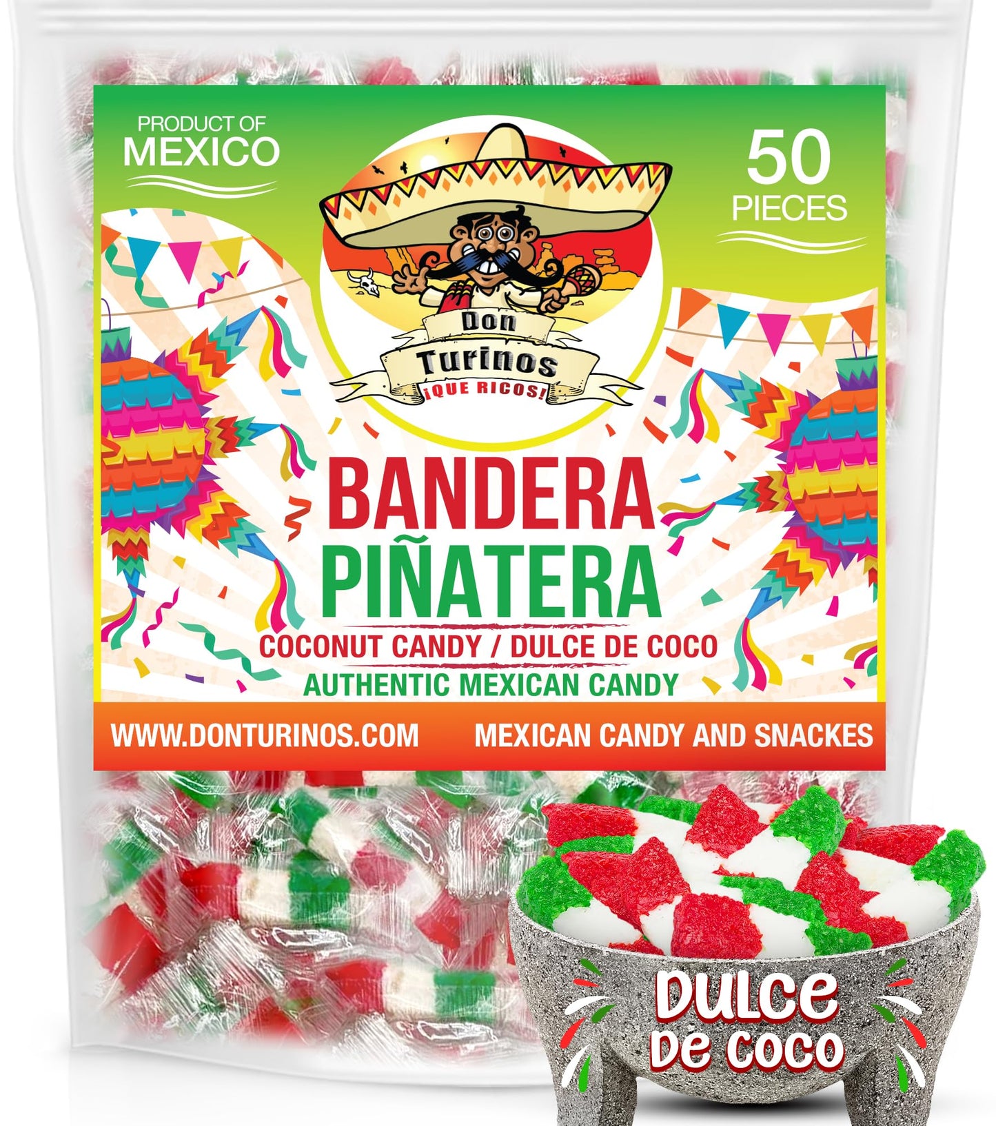 Mexican Coconut Candy 1 Pound Fiesta Pack - Authentic Dulce De Coco Banderitas Pinatera For A Sweet And Colorful Experience By D
