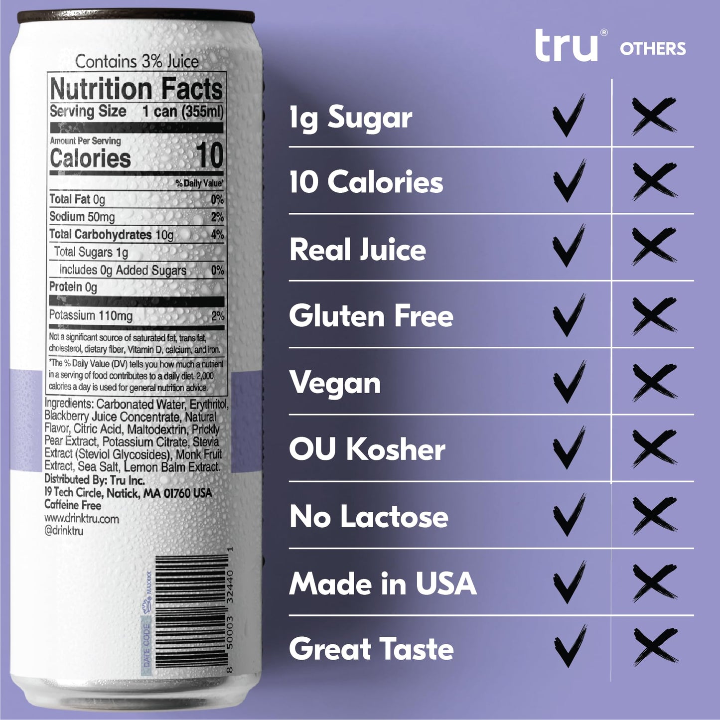 Tru Refresh Sparkling Water with Electrolytes, Prickly Pear & Blackberry Juice, 12 Fl Oz Cans, 12 Pack, Gluten Free, Vegan