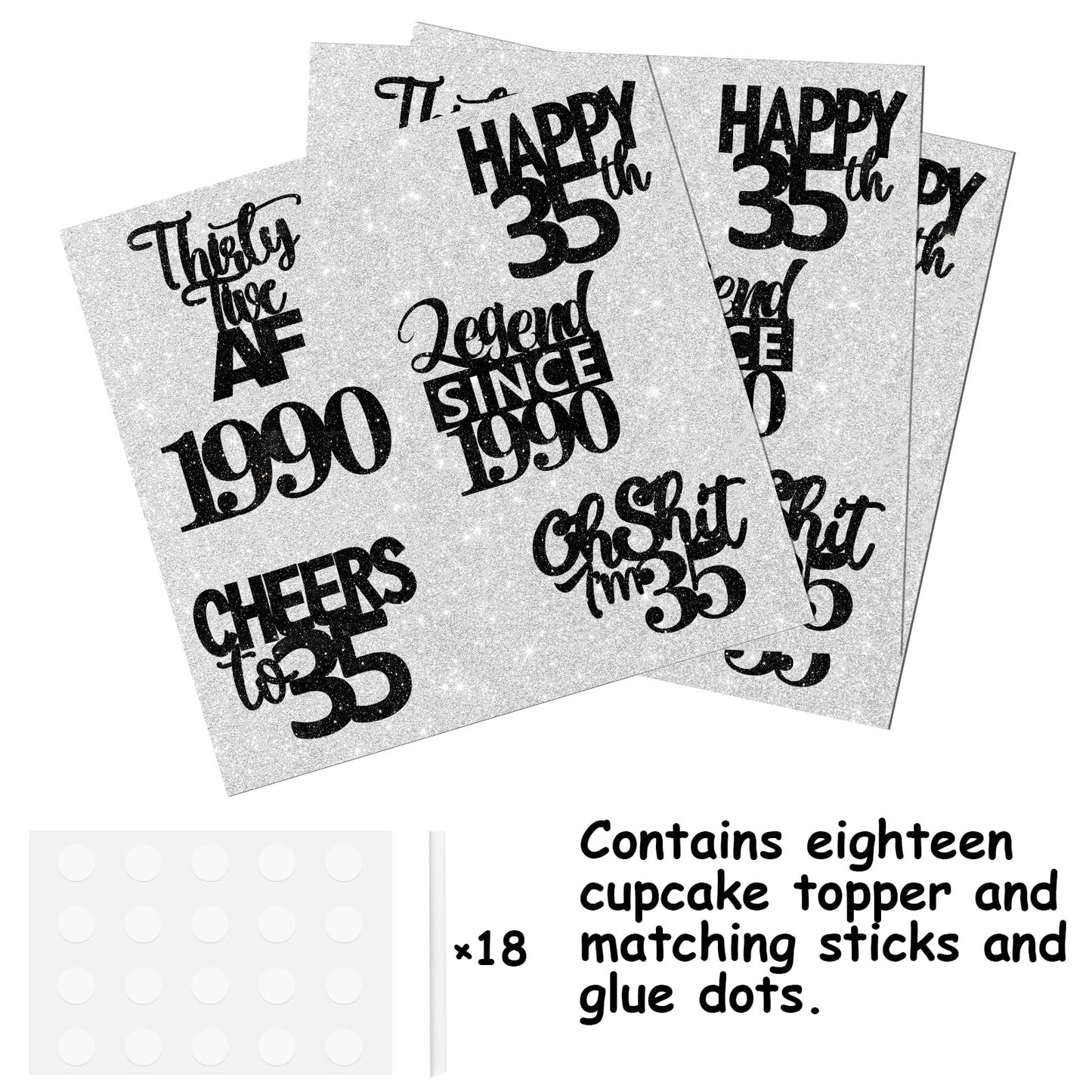 18Pcs Black Glitter Happy 35Th Dessert Cupcake Topper Pick For Funny Legend Since 1990 Theme Decor Supplies Men Women Happy 35 B
