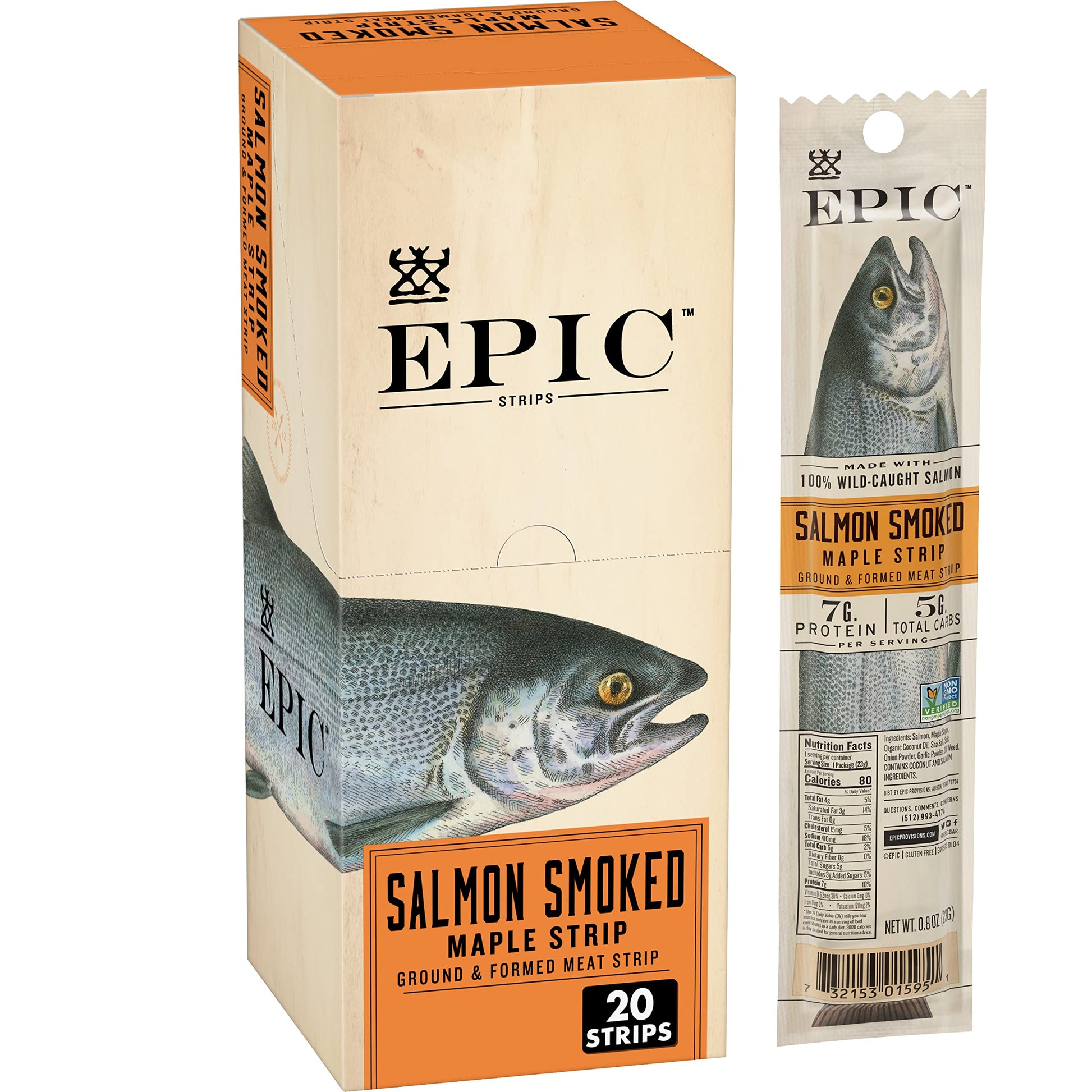 Epic Smoked Salmon Strips, Wild Caught, Paleo Friendly, 20 ct, 0.8oz Strips