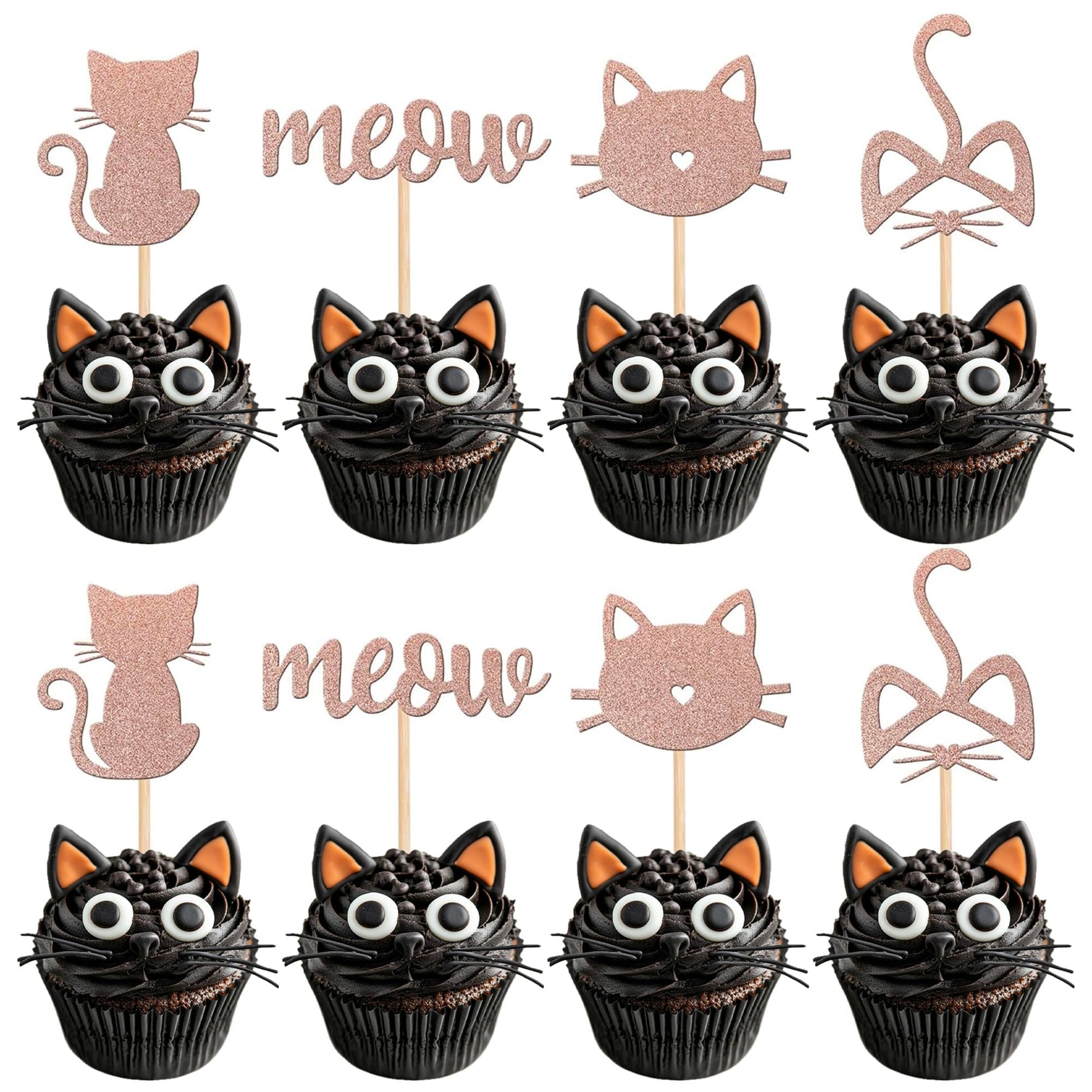YCTHUNFISH Cat Cake Toppers - 24 Pc Black Glitter Cupcake Decorations - Small - Meow Rose Gold