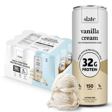 Slate Milk - High Protein Nutrition Shake - Vanilla Cream - 32g Protein, 1g Sugar, 150 Calories, 1g Net Carbs - Lactose Free - N