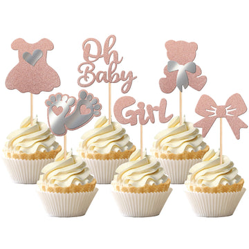 24 Pcs Oh Baby Cupcake Toppers With Glitter Bow Dress Feet Bear It'S A Girl Cupcake Picks For Baby Shower Girl Birthday Party Ca