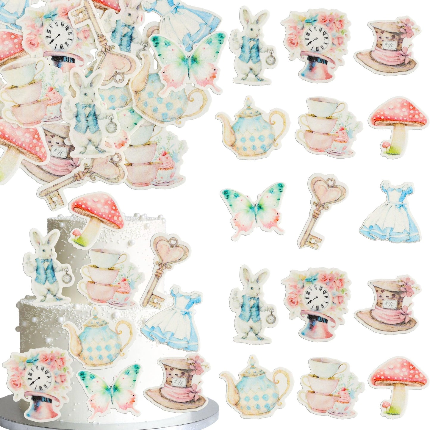 Ephlyn 63Pcs Edible Wonderland Cupcake Toppers Tea Party Cake Decorations Edible Butterfly Flower Bowl Key Clock Eat Me Cupcake Picks For Tea Party Baby Shower Birthday Party Supplies Multi 1