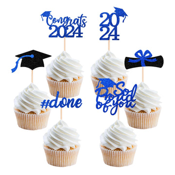 Gexolenu 36 Pcs Class Of 2024 Graduation Cupcake Toppers, Blue Glitter Double-Sided Grad Cap Cake Toppers For Graduation Party S