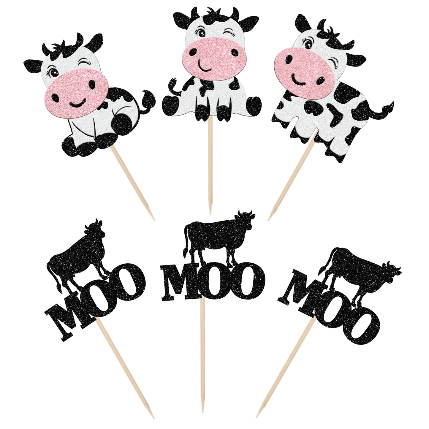 24 Pcs Cow Cupcake Toppers Glitter Farm Animals Moo Cupcake Picks Cow Cupcake Decorations For Cow Theme Baby Shower Kids Birthda