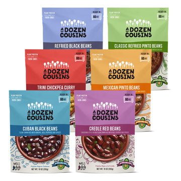 A Dozen Cousins Seasoned Microwave Beans Variety Pack - Black Beans, Garbanzo Beans, Refried Beans and More - Vegan and Vegetari