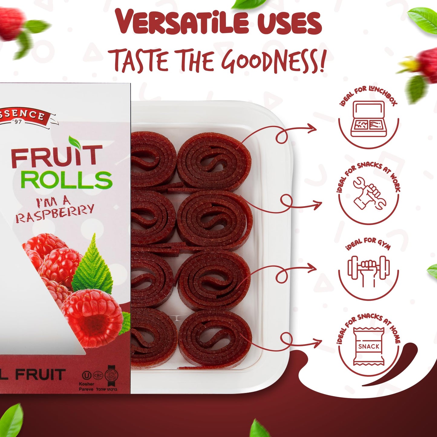 Essence 97 Fruit Roll Ups - Vegan, Non-GMO, No Added Sugar, Raspberry Fruit Strips, 16 Count Snacks for Kids and mature-themeds