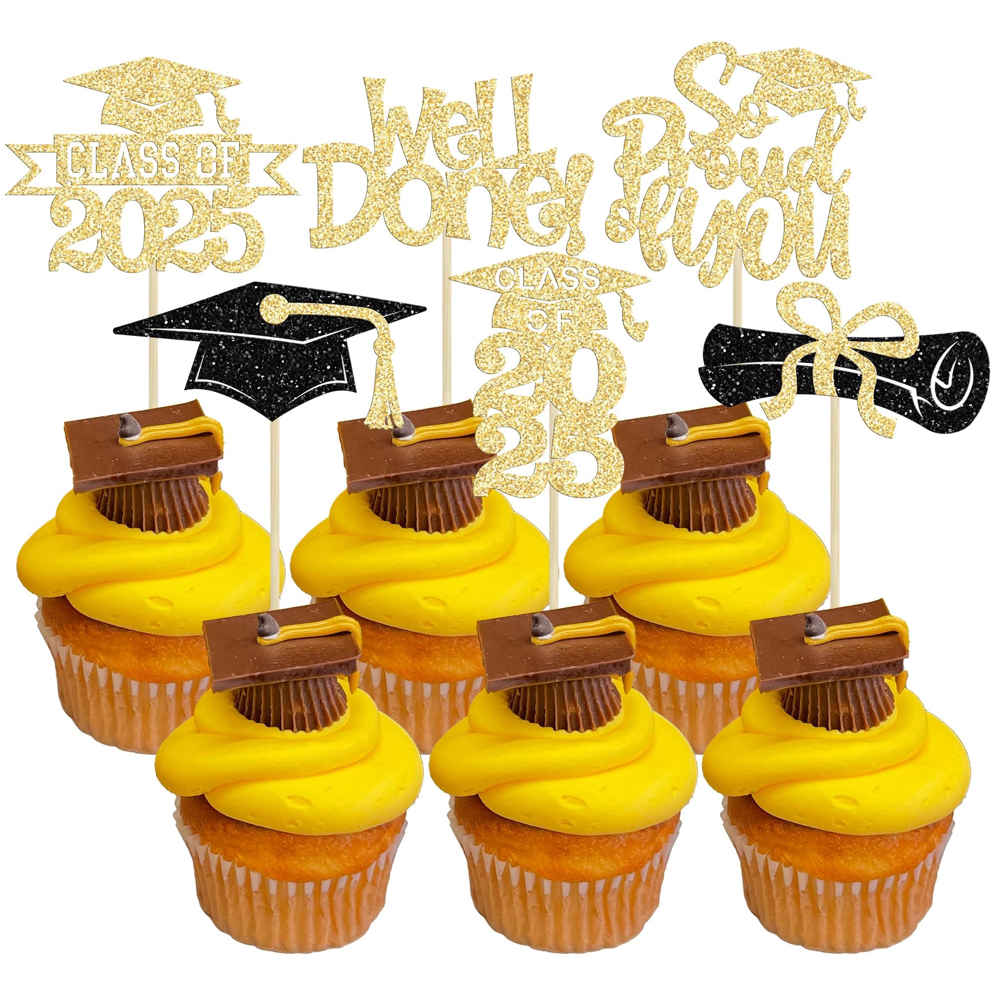 Gyufise 24Pcs Congrats Grad 2025 Cupcake Toppers Glitter 2025 Graduation Done Diploma Cupcake Picks Class of 2025 Cupcake Decora