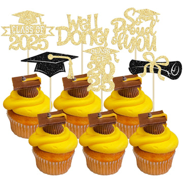 Gyufise 24Pcs Congrats Grad 2025 Cupcake Toppers Glitter 2025 Graduation Done Diploma Cupcake Picks Class of 2025 Cupcake Decora