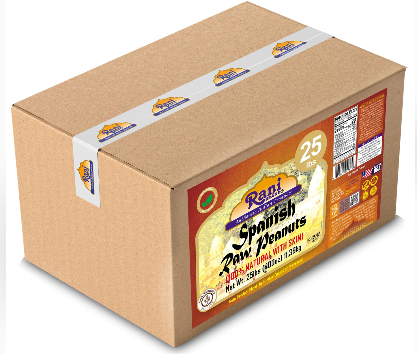 Rani Raw Spanish Peanuts 100% Natural With Skin (Uncooked, Unsalted) 25Lbs (400Oz) 11.36Kg Bulk Box ~ Vegan | Gluten Friendly |