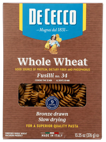 De Cecco Pasta Fusilli Whole Wheat Pasta, 13.25 oz