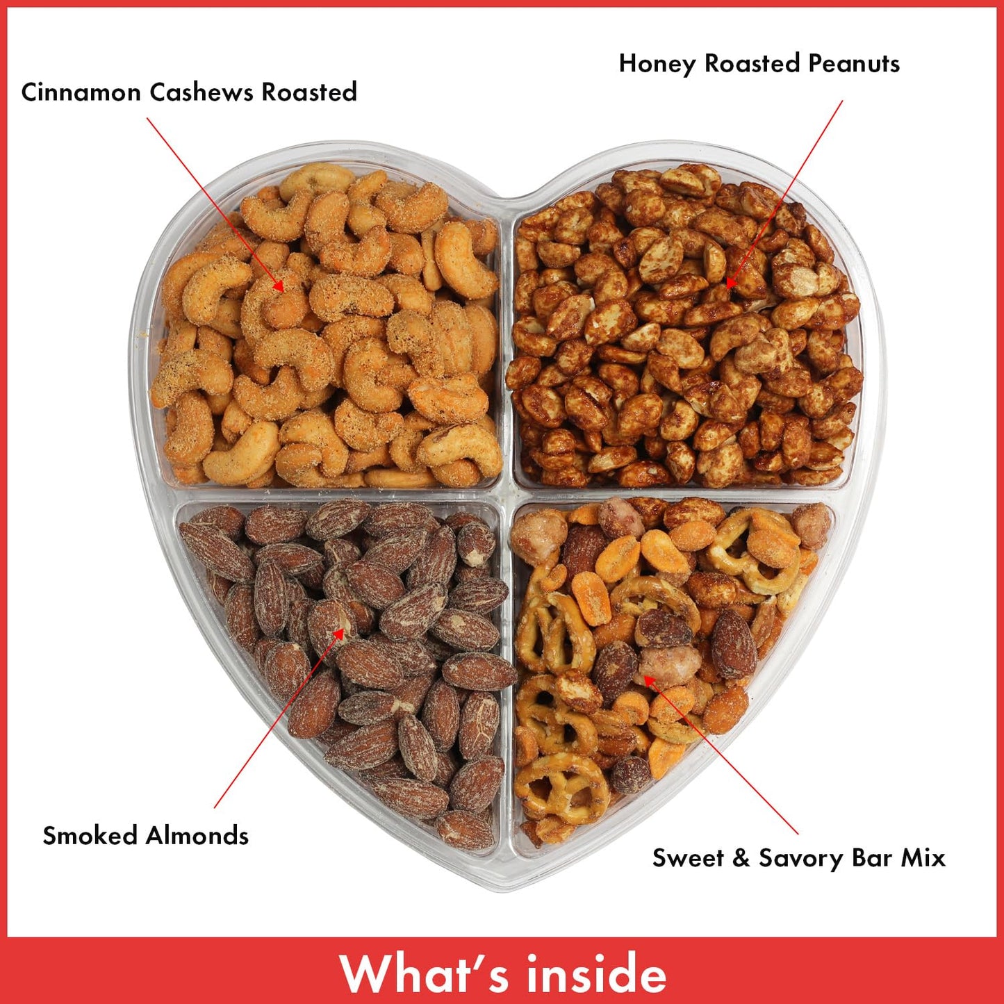 Heart Shaped (4 Assortments) Nuts Gift Tray - Variety Of Sweet & Freshley Roasted, Flavored And Salted Gourmet Nuts - Large Nuts