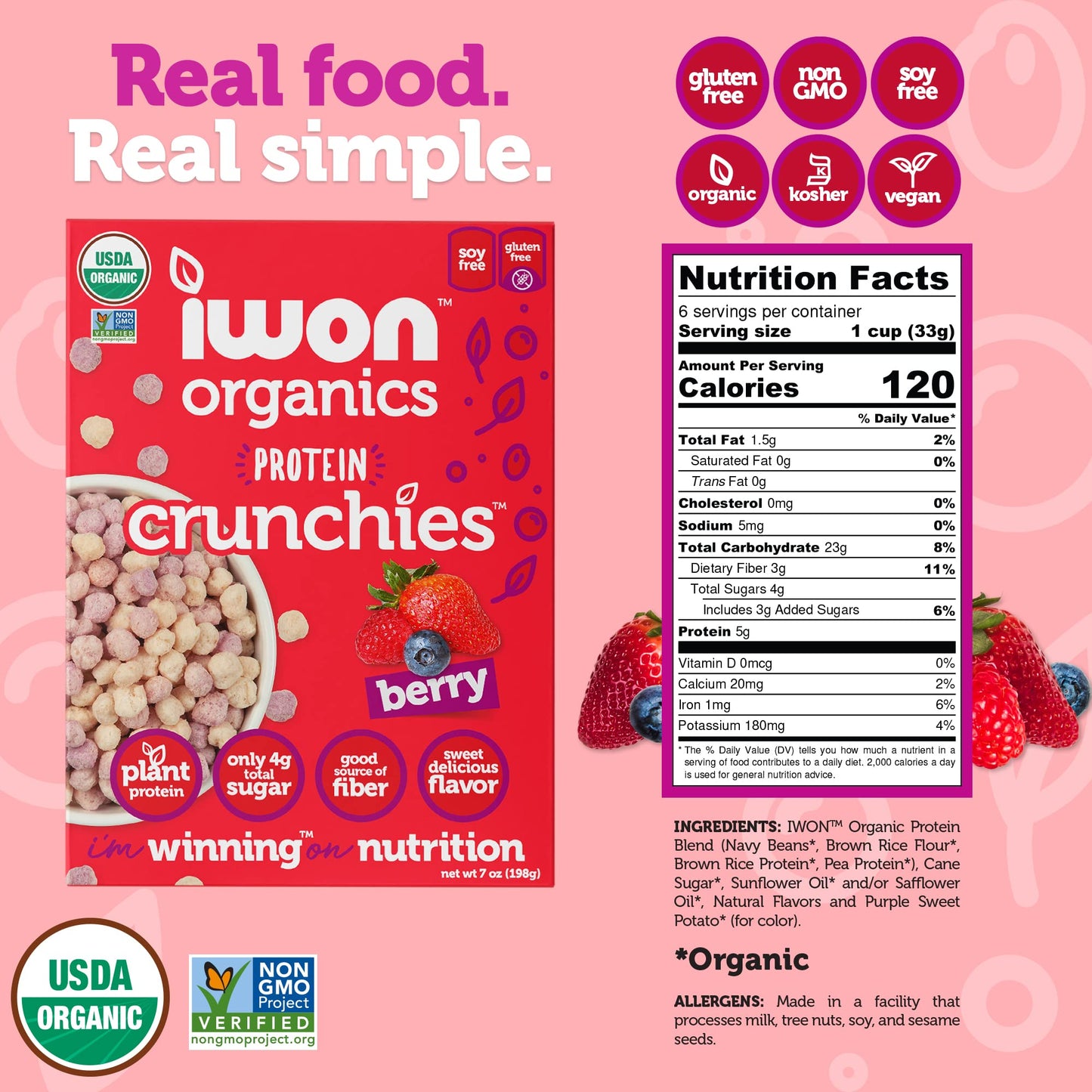 Iwon Organics Protein Crunchies - Plant-Based Protein Low Sugar Gluten & Dairy Free Non-Gmo Organic Breakfast Cereal - Berry Fla