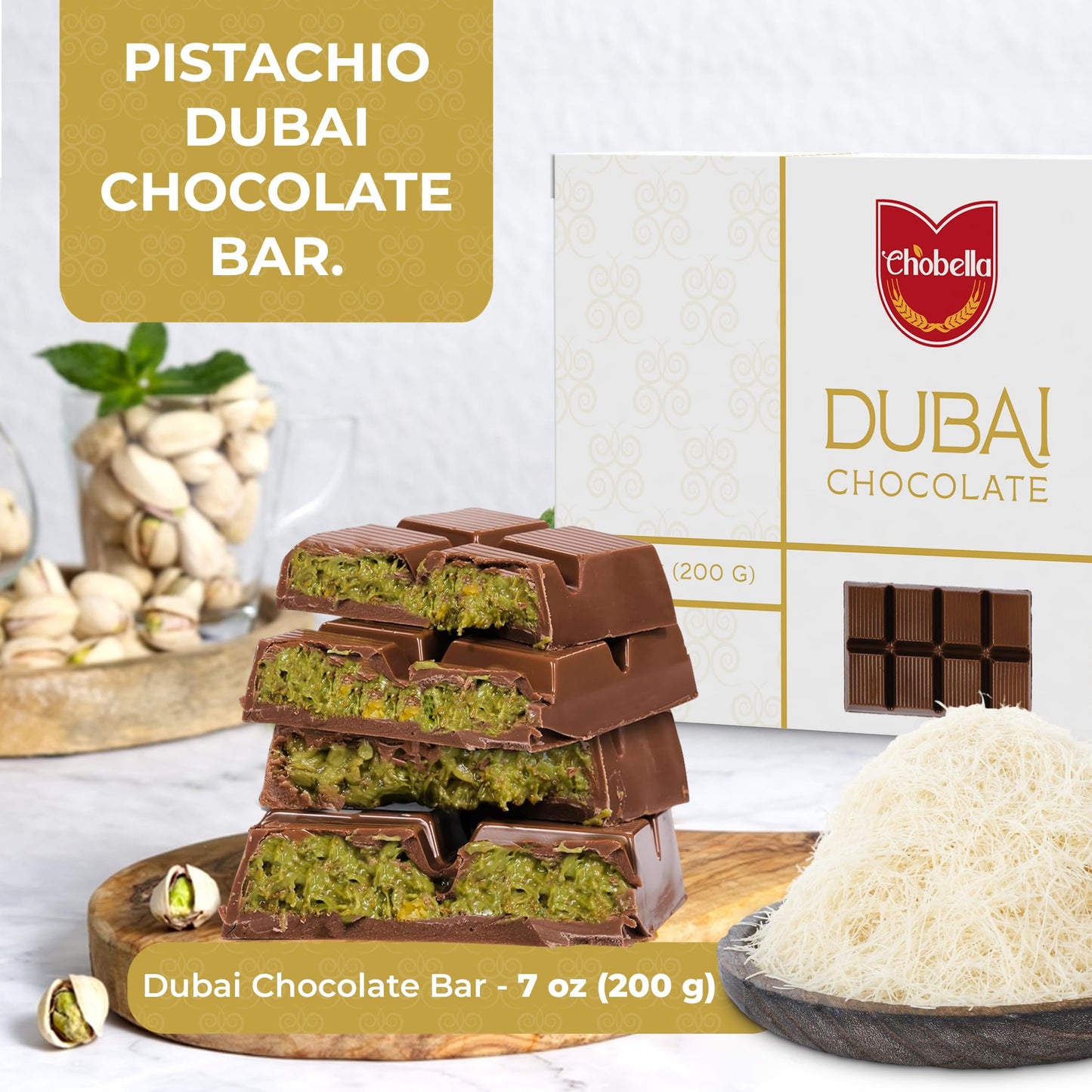 Chobella Chocolate Bar with Pistachio and Phyllo Dough, 7 oz Gift Box