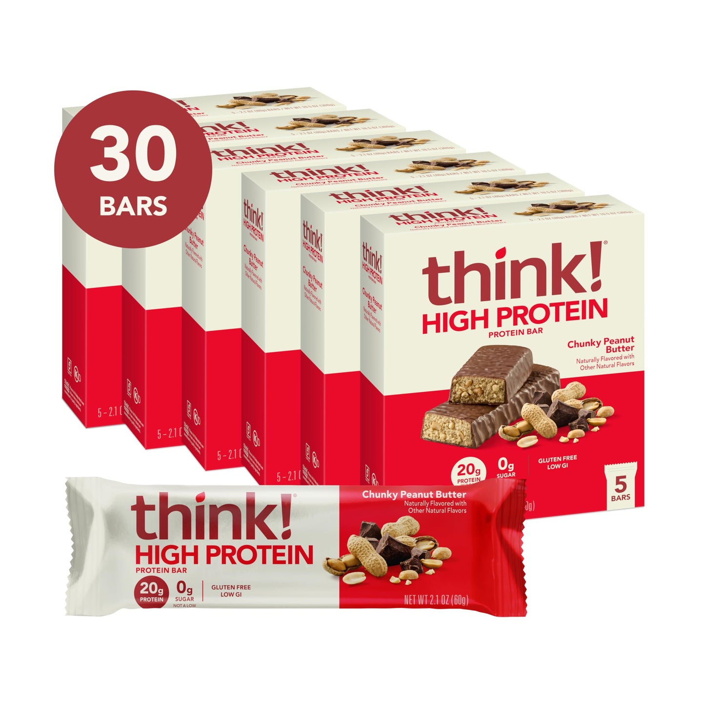 think! Protein Bars, Chunky Peanut Butter, Gluten Free, Kosher, 2.1 Oz, 30 Count, Brown