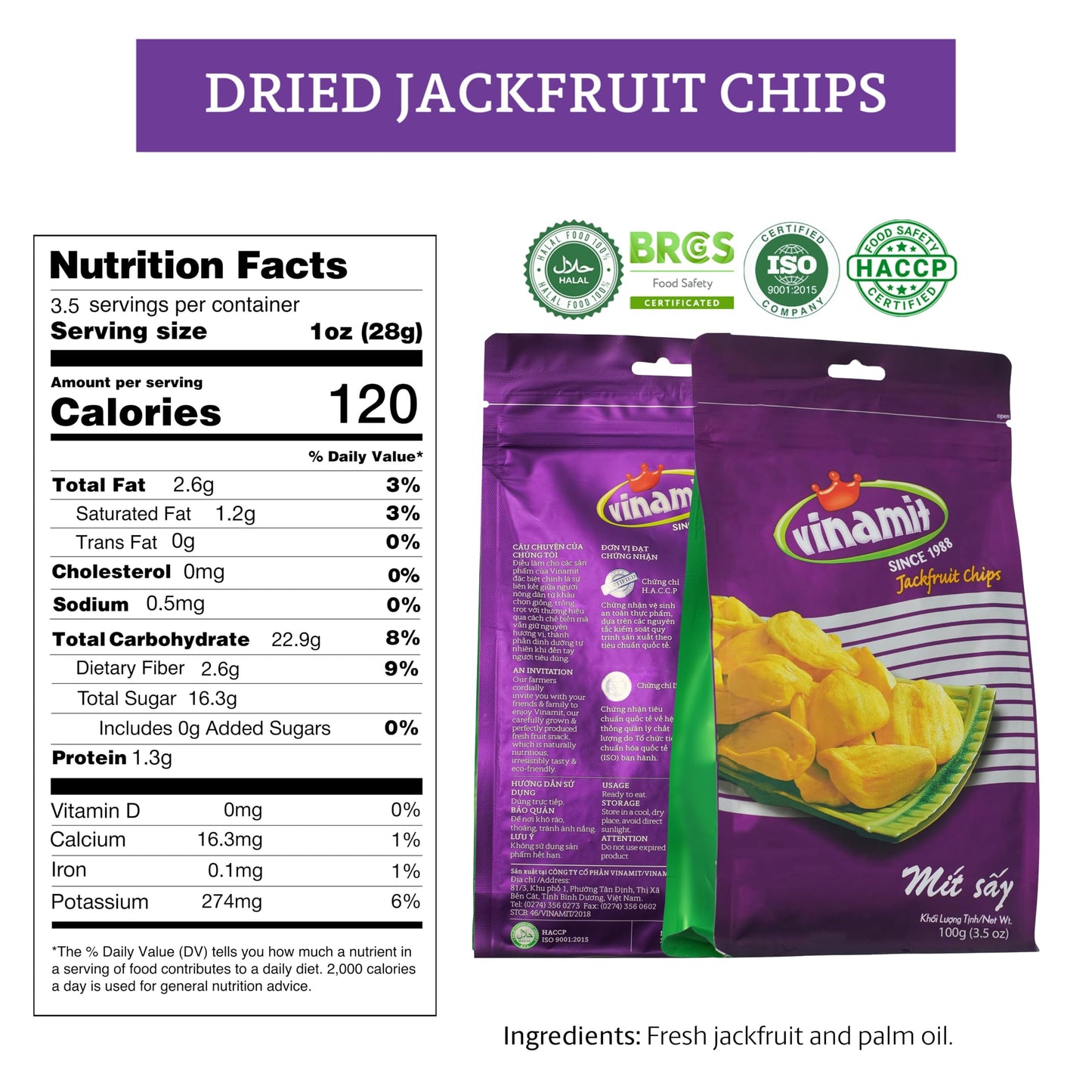 Vinamit Dried Jackfruit Chips | Gluten-Free, Vegan, Non-GMO | 3.5 oz Bag | Pack of 3 | Naturally Sweet & Crispy Snack