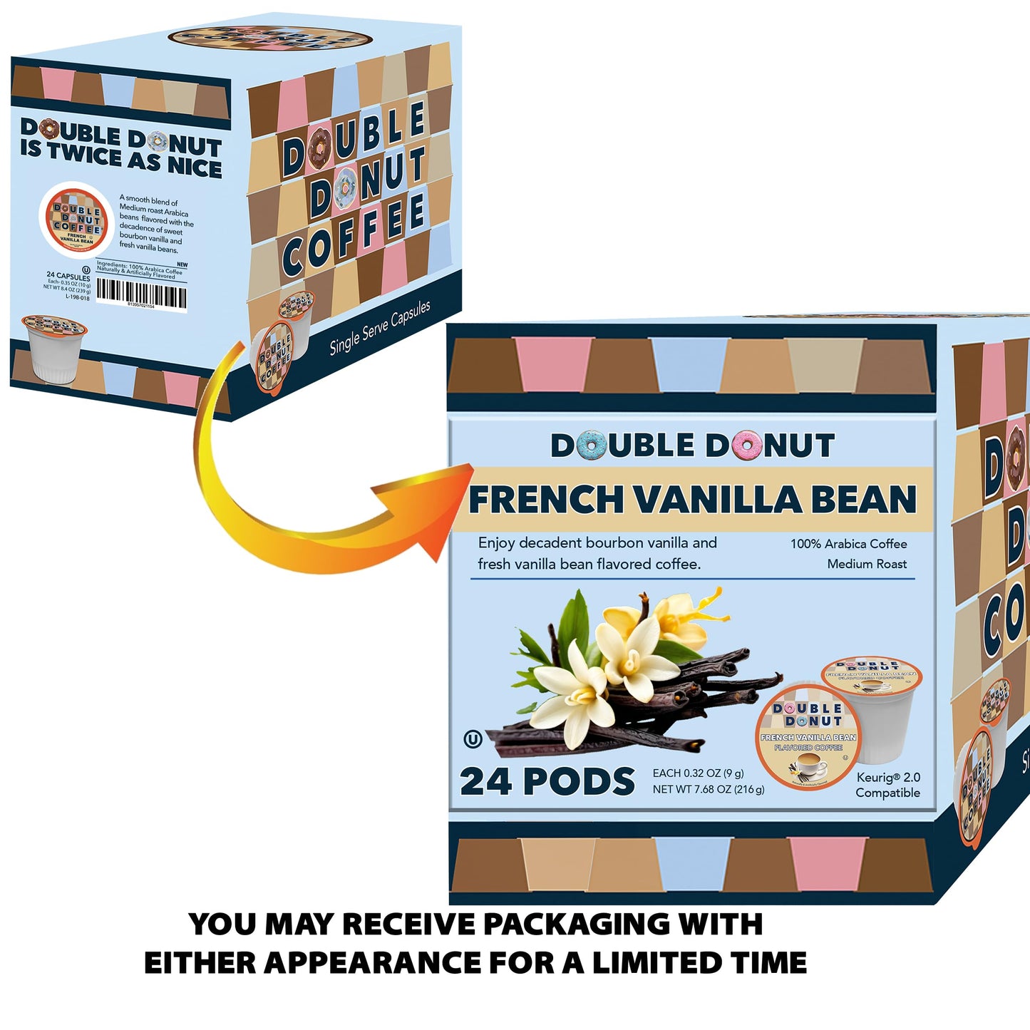 Double Donut Coffee French Vanilla Coffee Pods, Vanilla Bean Flavored In Recyclable Single Serve Vanilla Pods For The Keurig K Cups Coffee Makers, Medium Roast, From Double Donut - 24 Count